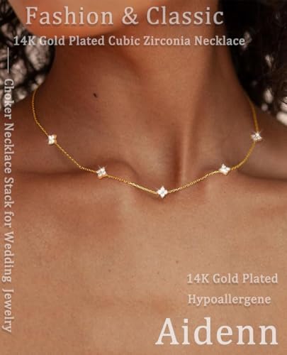 Aidenn Dainty Gold Silver Necklace for Women Girls Trendy Non Tarnish 14K Gold Plated Cubic Zirconia Necklaces Cute Flower Choker Necklace Stack for Wedding Prom Brides Jewellery
