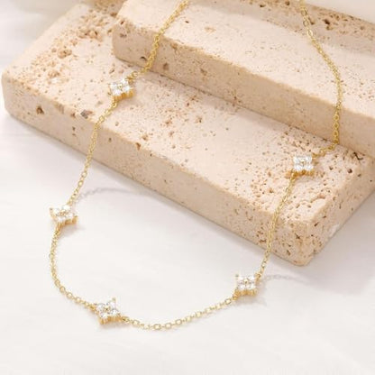 Aidenn Dainty Gold Silver Necklace for Women Girls Trendy Non Tarnish 14K Gold Plated Cubic Zirconia Necklaces Cute Flower Choker Necklace Stack for Wedding Prom Brides Jewellery